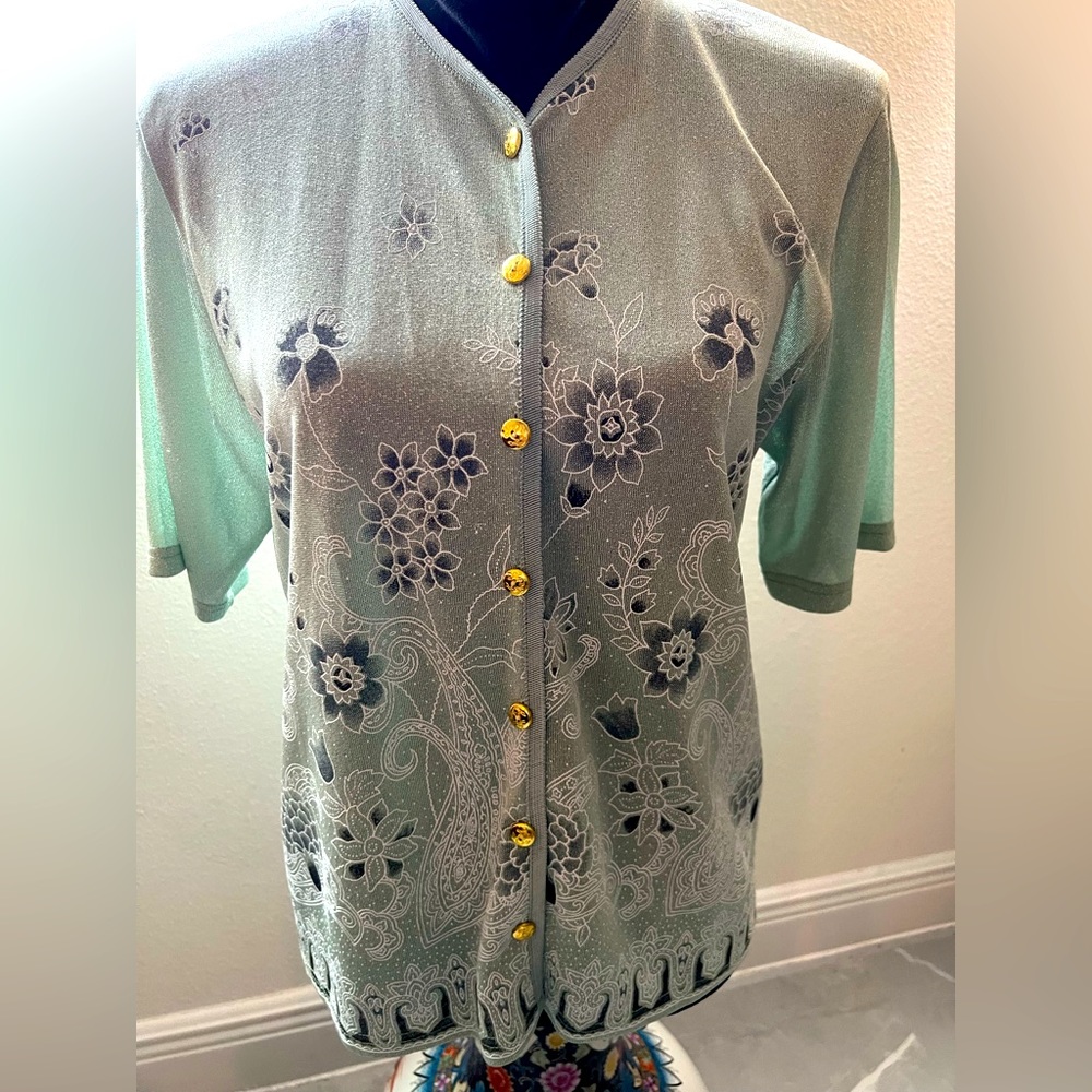 Seafoam green top with gold buttons